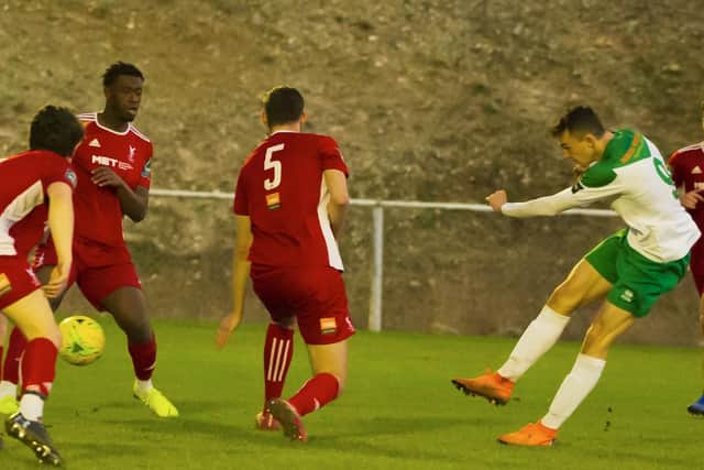 Dan Smith fires in Bognor's fourth at Whitehawk / Picture by Tommy McMillan