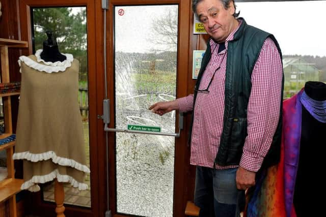 Bobby next to the damage left at The Llama Park in Wych Cross. Photo by Steve Robards