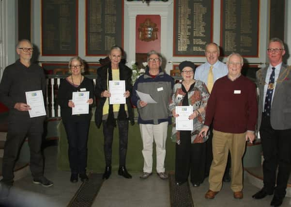 Rye Mayor, Cllr Michael Boyd (right) and beneficiaries at the Rye Fund Awards 2019.