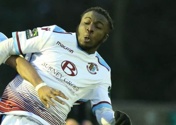 Daniel Ajakaiye gave Hastings United an early lead in the 1-1 draw at home to Guernsey. Picture courtesy Scott White