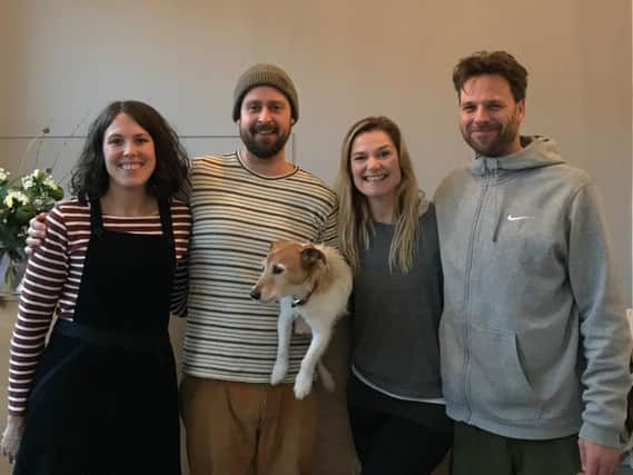 From left, Hannah Pilford, Jamie Moore with dog Skip, Fiona Abbott and Gyles Abbott