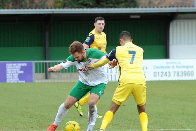 Theo Widdrington on the ball against Hornchurch - he scored the opener from the spot / Picture by Kate Shemilt