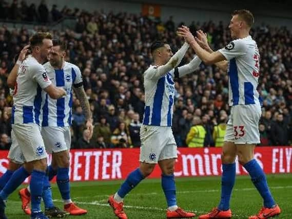 Brighton celebrate a goal in the FA Cup win over Derby County. Picture: Phil Westlake (PW Sporting Photography)