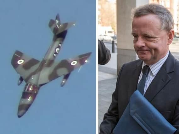 Andy Hill (right) was flying a Hawker Hunter jet (left) when it tragically crashed in 2015. Picture: Chris J Ratcliffe/Stringer/Getty Images