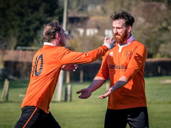 Peter Caveneyv and Andy Gould celebrate a Dean goal / Picture by Paul Paxford