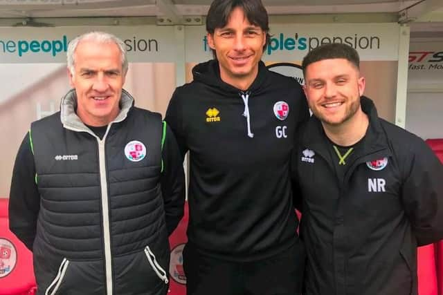 Craig Brewster, Gabriele Cioffi and Nathan Rooney. Picture courtesy of Crawley Town