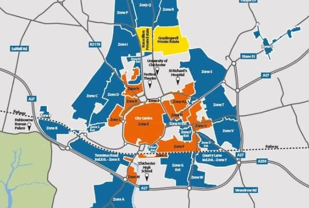 Proposed Chichester Parking Management Plan. WSCC consultation 01-03-19. Blue areas mark new controlled parking zones. Orange areas are existing CPZs.