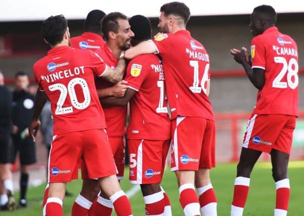 Football:

Crawley Town v Yeovil Town.

 Crawley Town's Filipe Morais score the final goal.   

Crawley, Sussex. 

Picture: Liz Pearce 29/09/2018

LP181530 SUS-180310-134344001