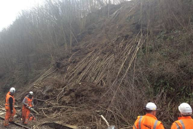 A landslip is causing major disruption on the railway line between Robertsbridge and Tunbridge Wells. Photo courtesy of Southeastern. SUS-190314-071732001