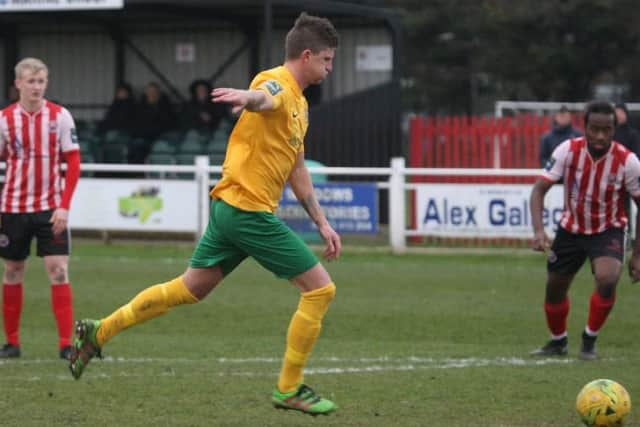 Greenwich Borough v Horsham. Chris Smith steps up for his penalty. Picture by John Lines