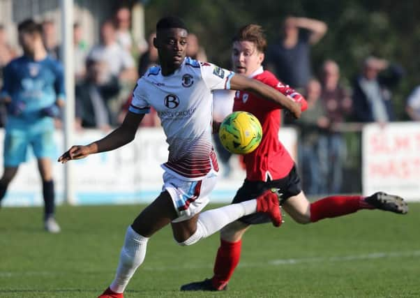 Jordy Mongoy on the ball during Hastings United's 3-0 win at home to Ramsgate on Saturday. Picture courtesy Scott White