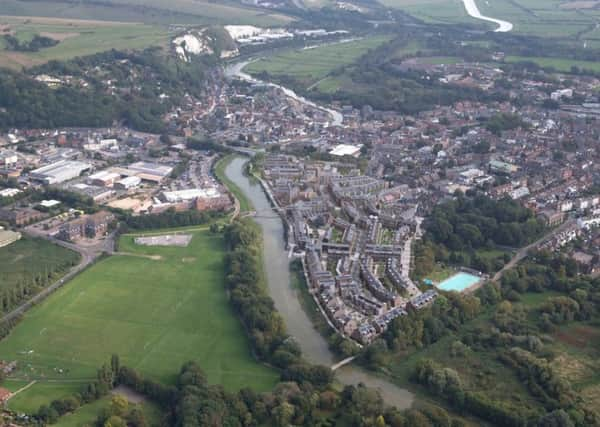 Aerial view of Lewes with a CGI impression of the new North Street Quarter development.