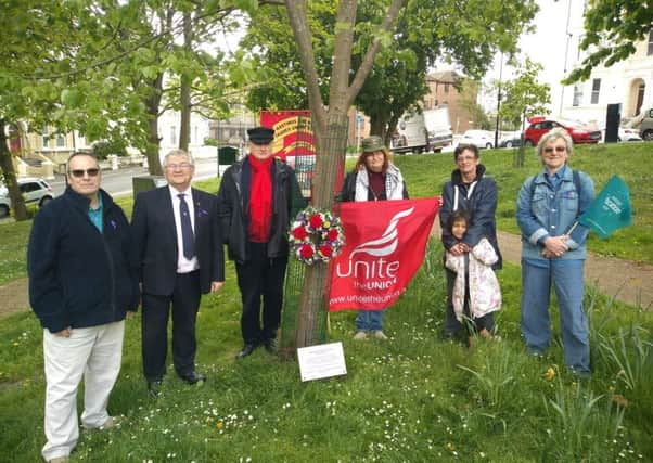 L-R -Jonathan Lee (UNISON Hastings & Eastbourne Health); Hastings Mayor, Cllr Nigel Sinden (GMB); Alan Mathison (Unite Hastings); Gill Knight (Unite Community) Evelyne Joubert (Unite Community);  Lola Mindiola Joubert and Dorothy Amos (National Education Union) SUS-190430-132821001