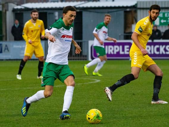 Jimmy Muitt charges forward against Potters Bar in January - before a knee injury that kept out for two months, but which he has now got over / Picture by Tommy McMillan