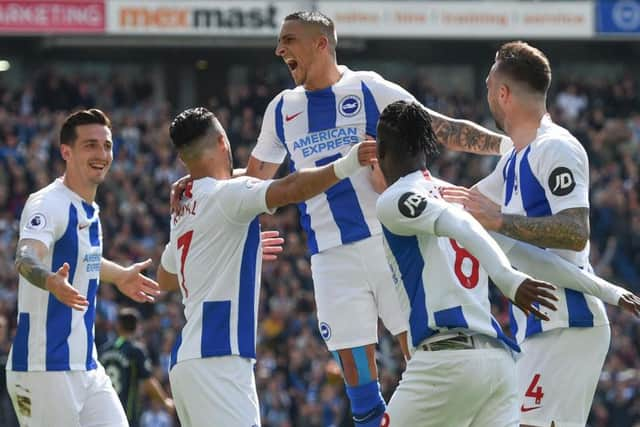 Brighton & Hove Albion celebrate taking the lead. Picture by PW Sporting Photography.