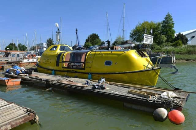 The converted lifeboat named Stodig at Lochin Marine, Newhaven. Photograph: Peter Cripps/ 15-5-19 (10)