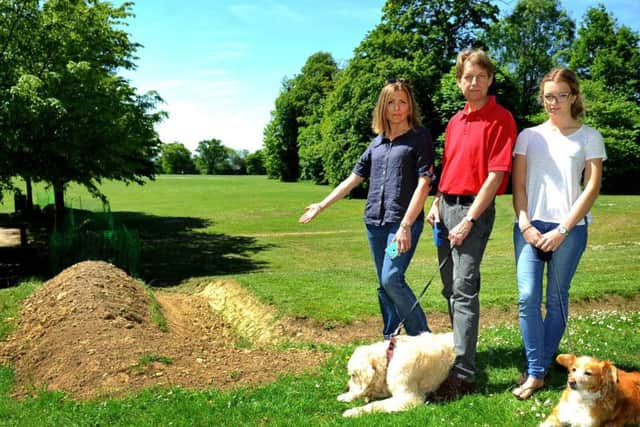 Yvonne Hickmott with her family next to the anti-traveller barriers at Whitemans Green. Photo by Steve Robards