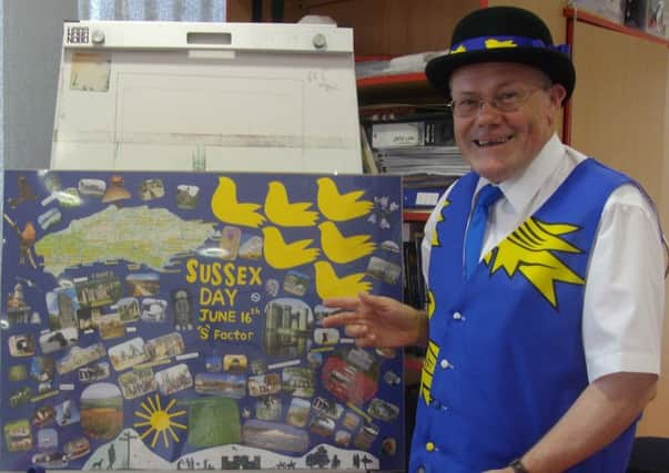 Sussex Day at Bexhill Museum.
Margaret Garcia pics.
Cllr Paul Lendon beside a collage made for him by Libby. SUS-140617-071455001