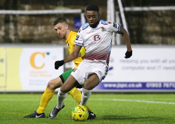 Jordy Mongoy on the ball for Hastings United against Horsham in February. Picture courtesy Scott White