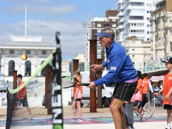 Former British and Wimbledon star Julie Hobbs at the Tennis for Kids session on Brighton seafront (Credit: Stuart Butcher)