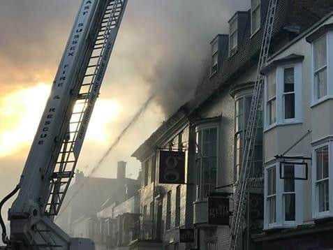 An aerial ladder platform was used to tackle the blaze. Picture: Megan Wright