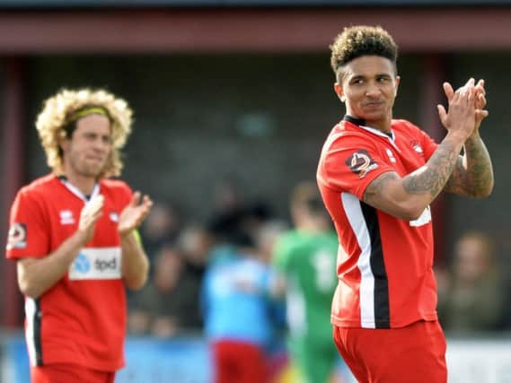 Eastbourne Borough players Sergio Torres and Tobi Adebayo-Rowling. Picture by Jon Rigby