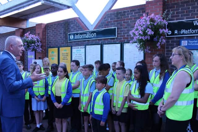 GTR chief executive Patrick Verwer talking to pupils from River Beach Primary School at Littlehampton Ralway Station