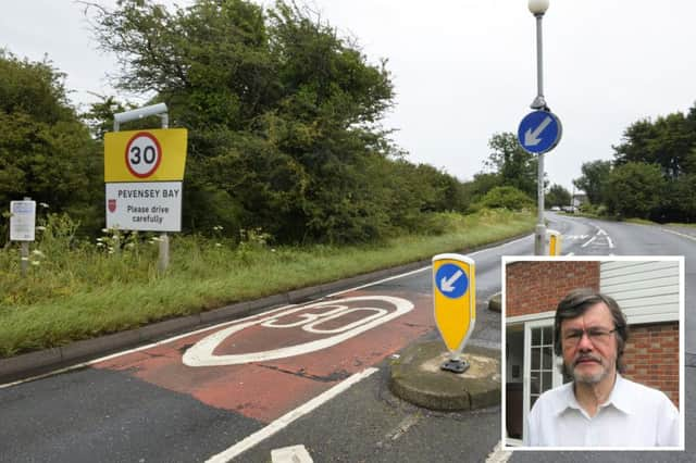 Traffic calming island on Wallsend Road, Pevensey Bay (Photo by Jon Rigby) inset: Jim Bond