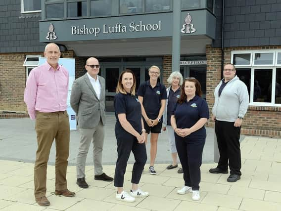 Mark Nicholds, Bishop Luffa business manager, Austin Hindman, headteacher, Clare Lawrence and Caroline Amblar, directors of CCs, Jess Thomson, Clare Mead and Sam Smith, play workers. Photo: Kate Shemilt. ks190490-1