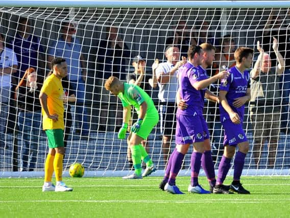 Dartford celebrate going 2-0 up against Horsham on Saturday. Picture by Steve Robards