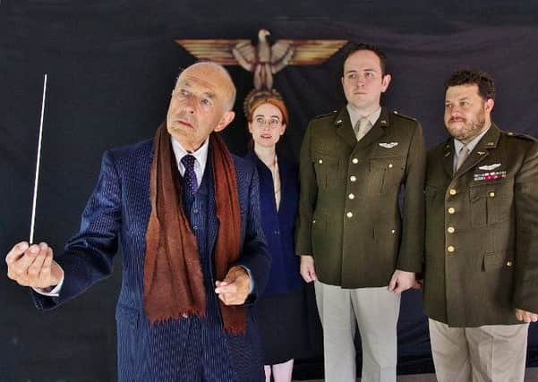 David Creedon as composer Wilhelm Furtwangler, Lucy Mae Knight as Emmi Straube, Luke Mepham as Lieutenant David Wills and Sam Razavi as Major Steve Arnold in Taking Sides for Wick Theatre Company