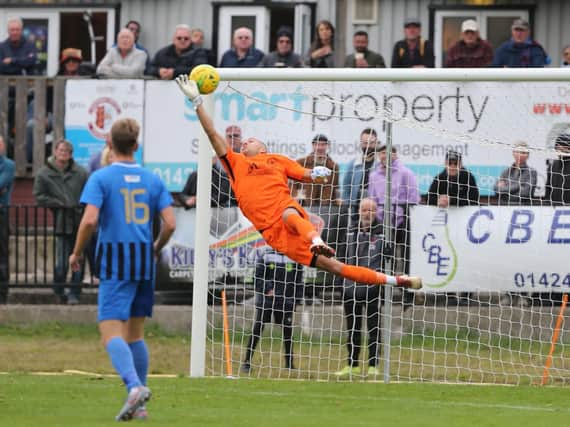 Ryan Worrall's stunner gives Hastings United the lead v Sevenoaks Town. Photo by Scott White.