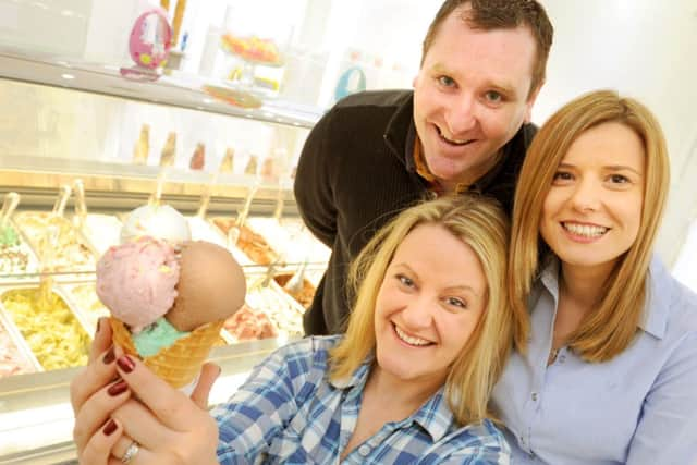 JPCT 180313 Sugar and Snow ice cream palour opening in Piries Place, Horsham. L to R  Owners Rachel and Stephen Imhoff and left,Sylwia  Reed. Contac Photo by Derek Martin