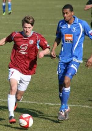 Freddie Warren on the ball for Hastings United against Whitehawk on Easter Monday. Picture by Terry S. Blackman