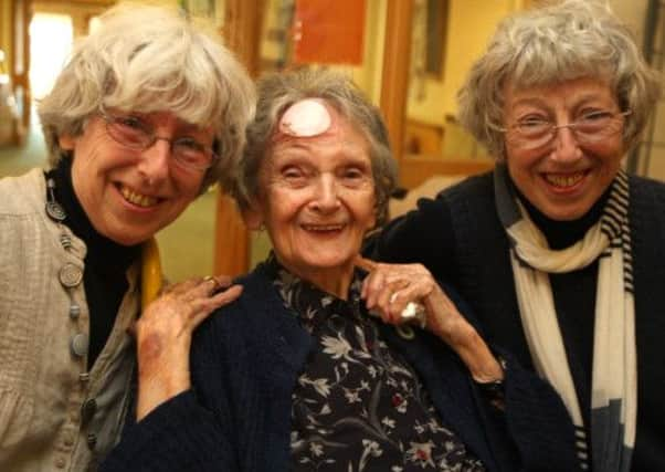 JPCT 250413 S13180107x Billingshurst. Longfield Manor Care Home, 100th birthday celebration. Lyla with daughters Jenny Osbiston and Elizabeth Osbiston -photo by Steve Cobb