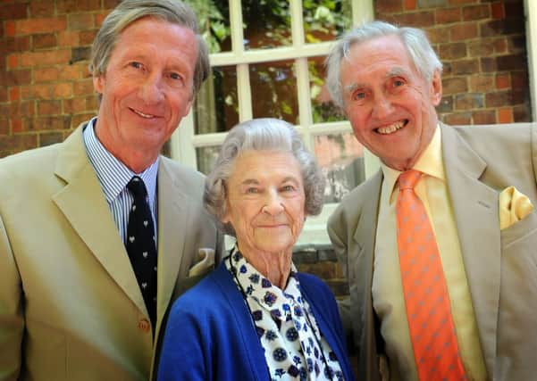 JPCT 080613 S13240111x Blue Plaque unveiling in Causeway, Horsham to world air speed record holder of 1953, Neville Duke. His widow attended unveiling, Gwendoline Duke,93 with Air Chief Marshall Sir David Cousins on left, and Anhony Fletcher on right -photo by Steve Cobb