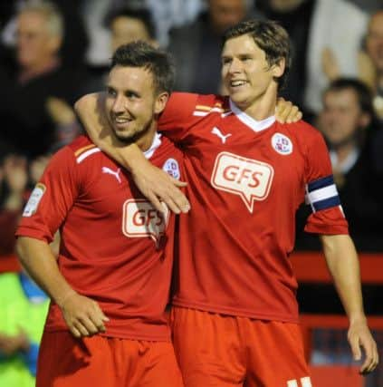 Matt Tubbs celebrates his goal with Josh Simpson (Pic by Jon Rigby)