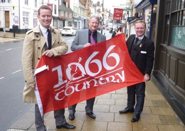 Greg Barker MP, David Thorpe-Tracey (FSB member) and Brett McLean in Battle High Street.