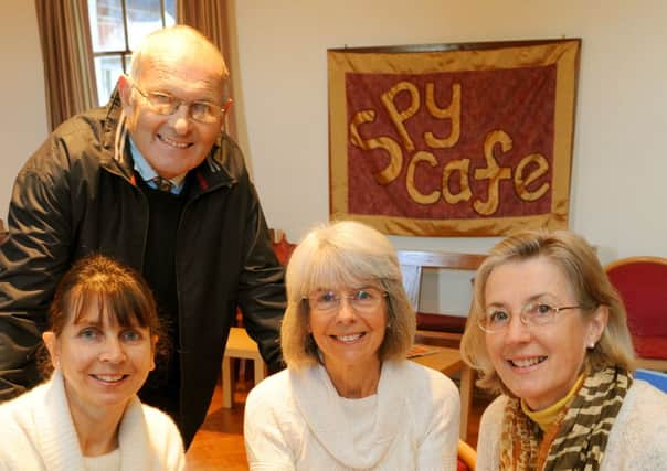 JPCT 131113 New cafe opening in Emmanuel Fellowship, Spy Lane, Loxwood. Hilary Vellacott, Pater Vellacott, Jean Tugwell and Julia Fisher. Photo by Derek Martin