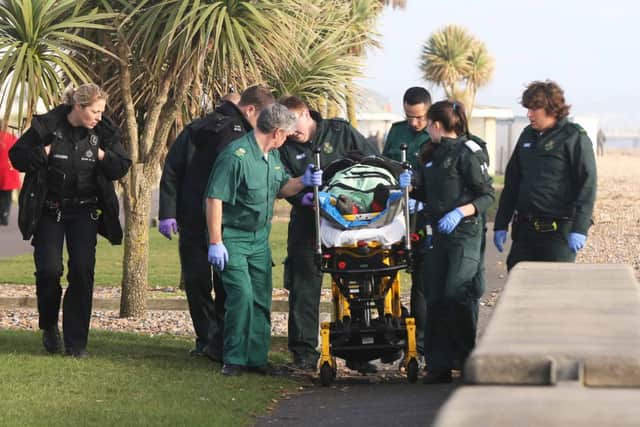 Emergency service crews with the canoeist on the promenade PICTURE: EDDIE MITCHELL