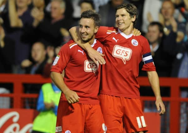 Matt Tubbs celebrates his goal with Josh Simpson (Pic by Jon Rigby)