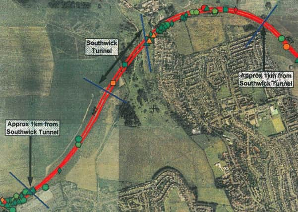 A map showing the location and seriousness of accidents in the Southwick Tunnel area