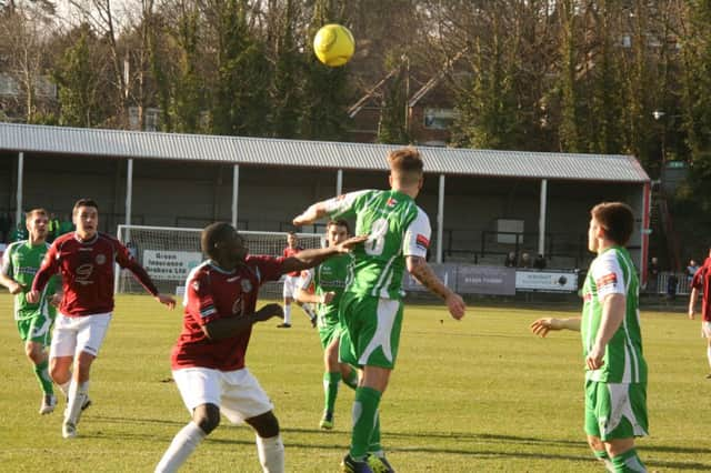 Guernsey clear their defensive lines during their 4-0 win away to Hastings United on Saturday. Picture by Terry S. Blackman