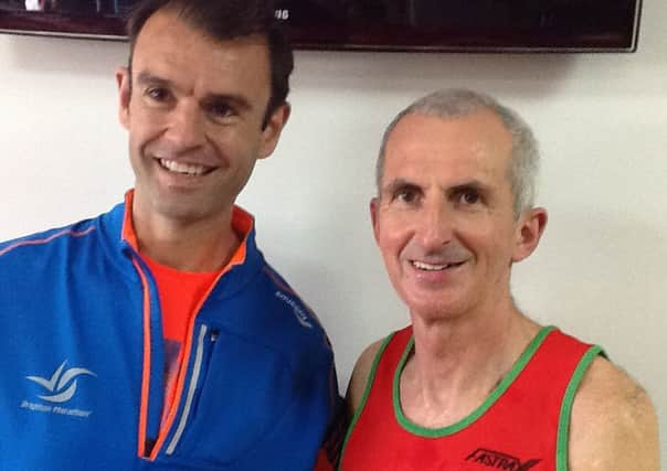 Runner 'Master of Masters' Martin Rees with Harrier Mark Davies - Martin is the multiple Veteran World Record holder for 5k, 10k, 5mile, 10 mile and half marathon- at Easter Sunday's Teifi 10 Road Race in Lampeter. It was also Welsh 10 mile Road Race Championship race. A fantastic field and very strong race.