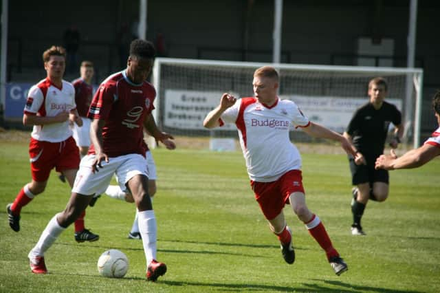 Nathan Ferguson on the ball for Hastings United during their 3-1 win at home to Whitstable Town last weekend. Picture by Terry S. Blackman