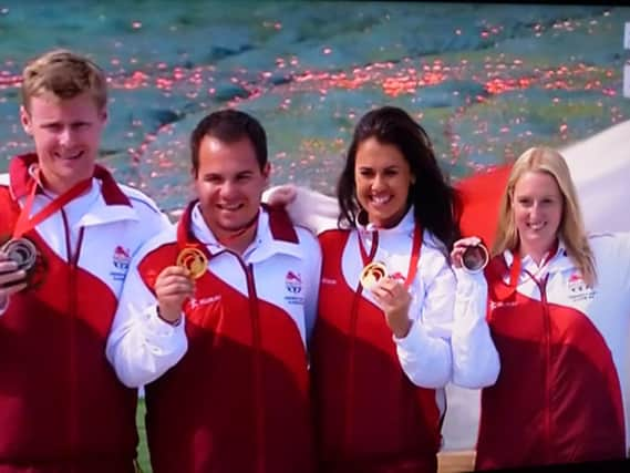 Steve Scott (second left) and three England team-mates on the podium at the 2014 Commonwealth Games in Glasgow