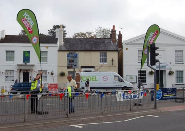 Setting up the sprint finish in Albion Way, Horsham.