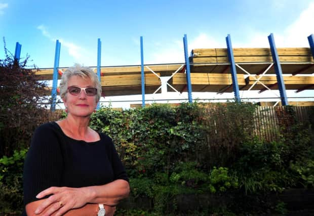 8/10/14- Barbara Thomassen from Bexhill with the storage racks that the neighbouring business has constructed. SUS-140810-165739001