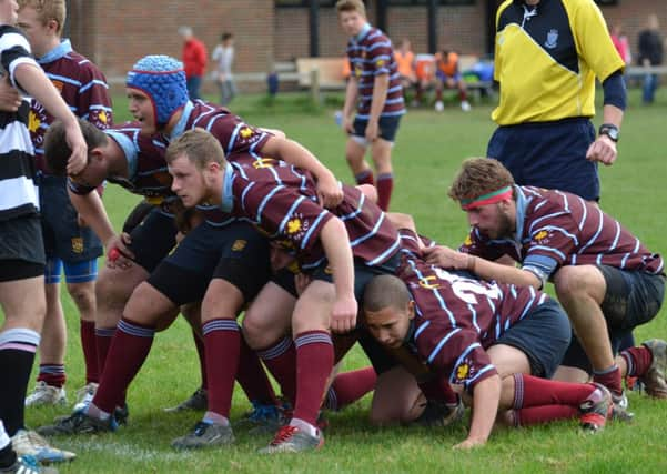 Crawley Rugby Club U18s in action against Pulborough. Toby Scothern, Tyler Moore, Coby Coy  and Jack Scott. SUS-141028-121036002