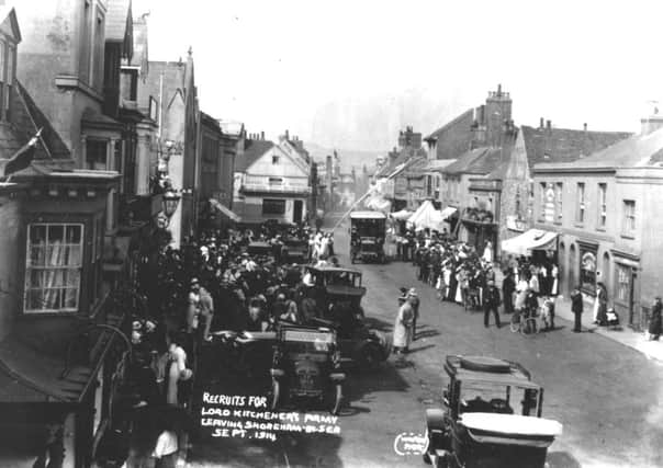 Recruits for Lord Kitcheners Army leaving Shoreham-by-Sea, September 1914; 

Courtesy of Marlipins Museum,